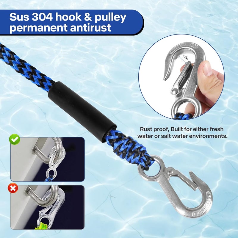 perixir Heavy Duty Boat Tow Harness for Tubing, Water Sports Tow Rope for Boat Towables & Tubes, Self Centering Tow Harness Line with Clip Quick Connector & Stainless Steel Hooks - Image 4